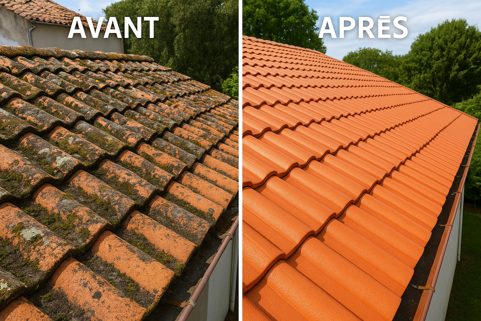 Avant / après : comparaison du toit en tuiles avant nettoyage (mousse, lichens) et après démoussage professionnel par un couvreur en Charente-Maritime