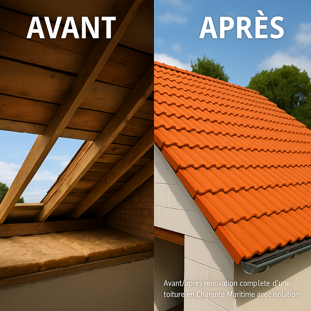 Vue avant/après d’une dépose complète : charpente apparente puis toiture neuve isolée avec tuiles terre cuite en Charente-Maritime